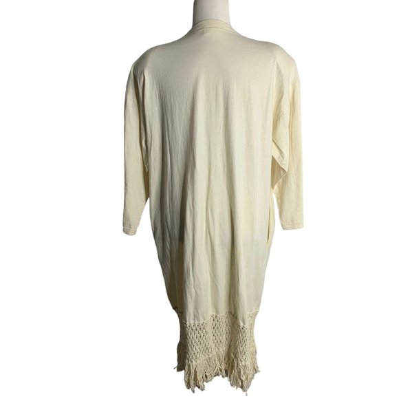 Vintage 90s Hand Painted T Shirt Dress M Cream Crochet Knit Fringe Pockets - Picture 6 of 10